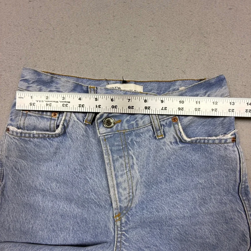 Zara Womens Crossed Waist Straight Leg Jeans Light Wash Raw Hem Blue Size 2